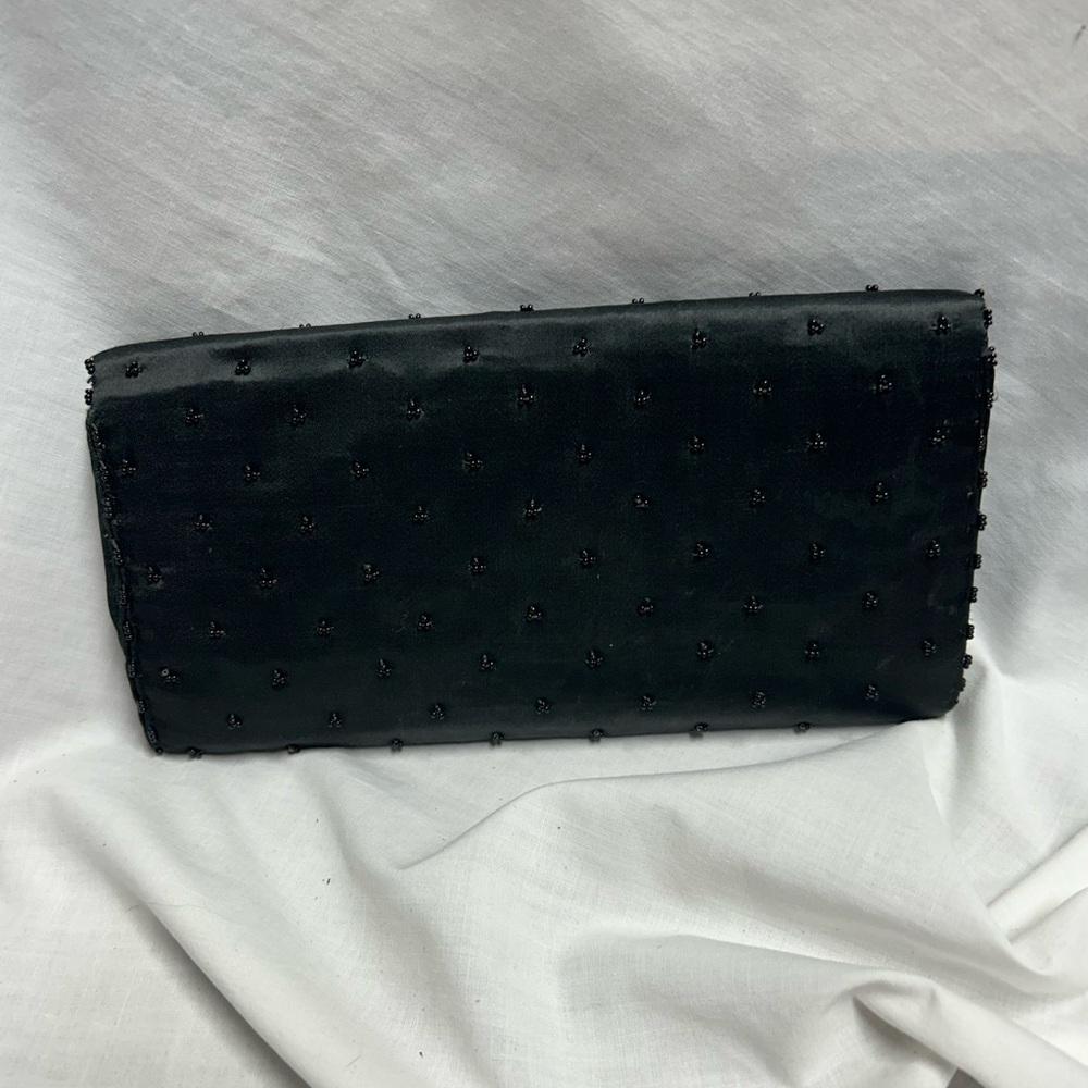 Nice Vintage Art Deco Clutch Black Beaded Sequin Satin Made In Hong Kong - Picture 2 of 9
